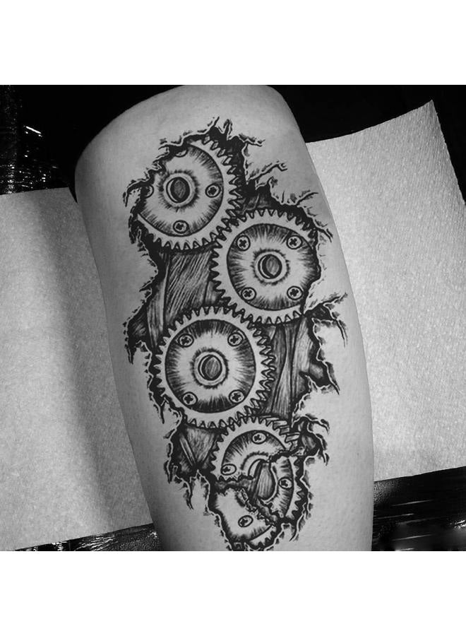 Oottati 6 Sheets Temporary Tattoo Stickers Muscle Men Black 3D Mechanical Metal Arm Hollow Gear Shoulder Leg - Image 2