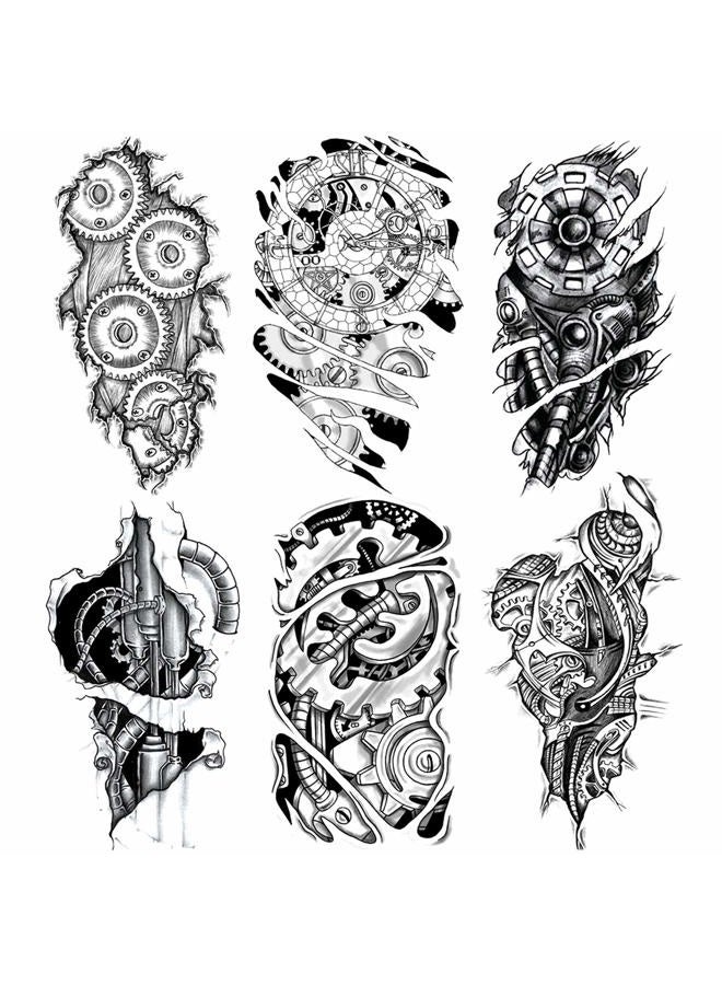 Oottati 6 Sheets Temporary Tattoo Stickers Muscle Men Black 3D Mechanical Metal Arm Hollow Gear Shoulder Leg - Image 1