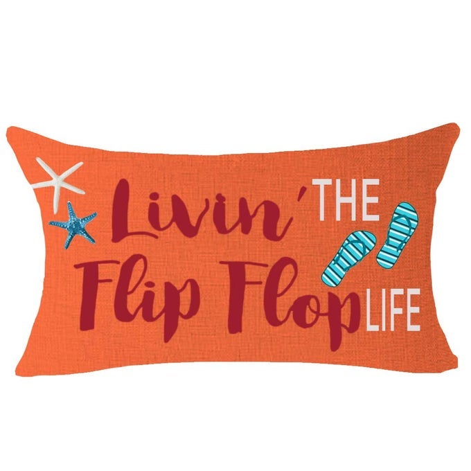 LIVIN THE FLIP FLOP LIFE STARFISH SHELL FUN QUOTE GIFT FOR BEACH LAKE CAMPING OUTDOOR THROW PILLOW COVER CUSHION CASE COTTON LINEN DECORATIVE LUMBAR 12X20 INCH