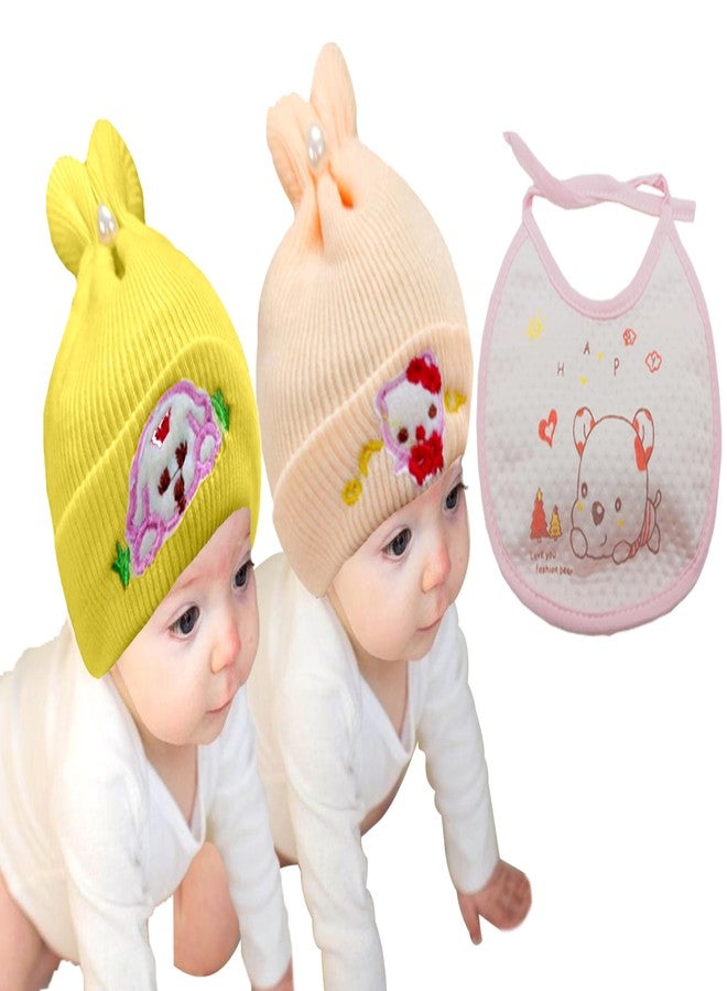 COOL INDIANS Combo of Baby Winter Warm Cap & Bibs | New Born Baby Kid's Hat | Cotton Bibs/Apron with Titch Button I Woolen Cap for Kid's Boy's & Girl's (3-6 Months, Orange Yellow) - Image 1