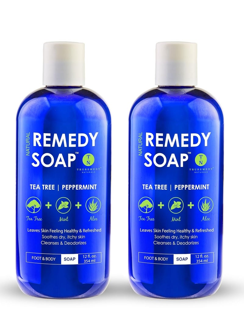 Truremedy Naturals - Remedy Soap Pack of 2, Helps Wash Away Body Odor, Sooth Athlete’s Foot, Ringworm, Jock Itch, Yeast Infections and Skin Irritations, 100% Natural with Tea Tree Oil, Mint & Aloe 12 oz - Image 1