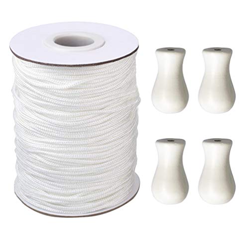 Vtete 1.8 mm × 100 Yards/Roll White Braided Lift Shade Cord + 4 Pcs White Wood Pendant for Aluminum Blinds Windows, Roman Shade Repair, Gardening Plant & Crafts and DIY Projects - Image 1