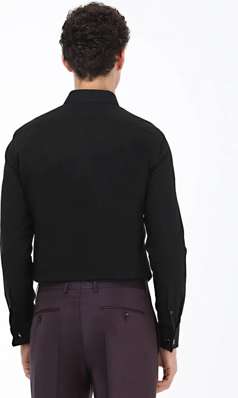 Kip Black Plain Slim Fit Double Cuff Classic Collar Tuxedo Shirt