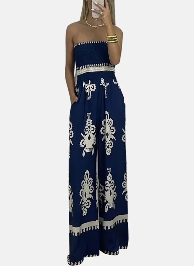 يونيكي Navy Blue Off-Shoulder Printed Jumpsuit