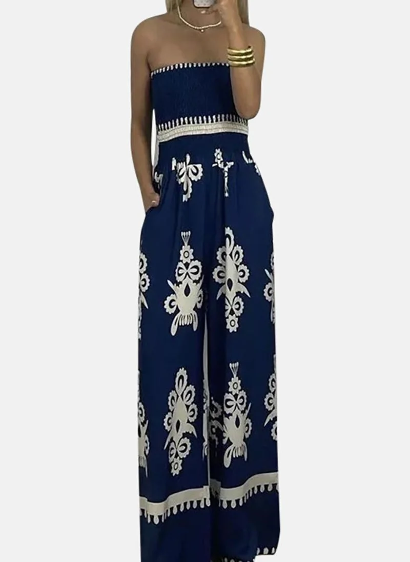 YUNIQEE Navy Blue Off-Shoulder Printed Jumpsuit