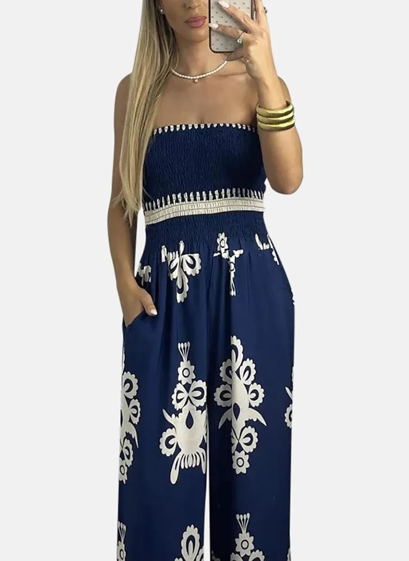 YUNIQEE Navy Blue Off-Shoulder Printed Jumpsuit