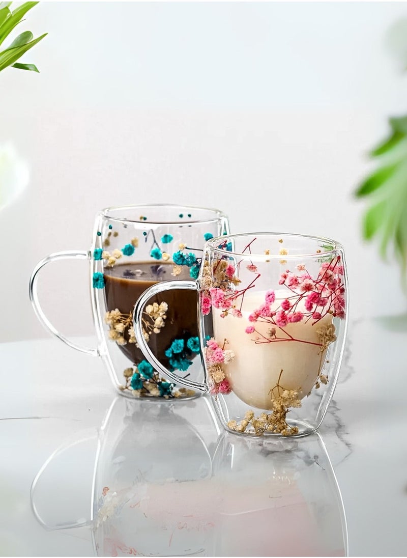 1Chase Set of 2 -350 ML Borosilicate Double Wall Flower Coffee Cup, Pink and Blue - Image 1