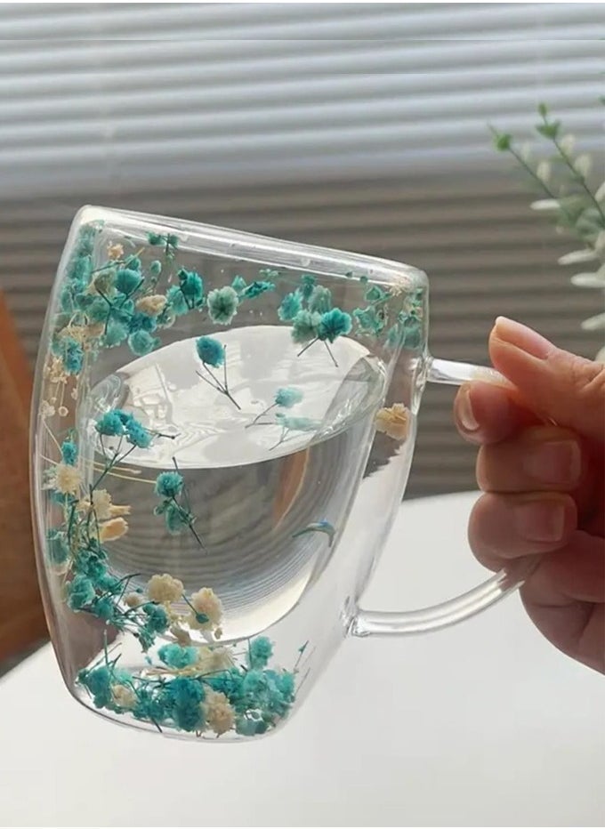 1Chase Set of 2 -350 ML Borosilicate Double Wall Flower Coffee Cup, Pink and Blue - Image 2