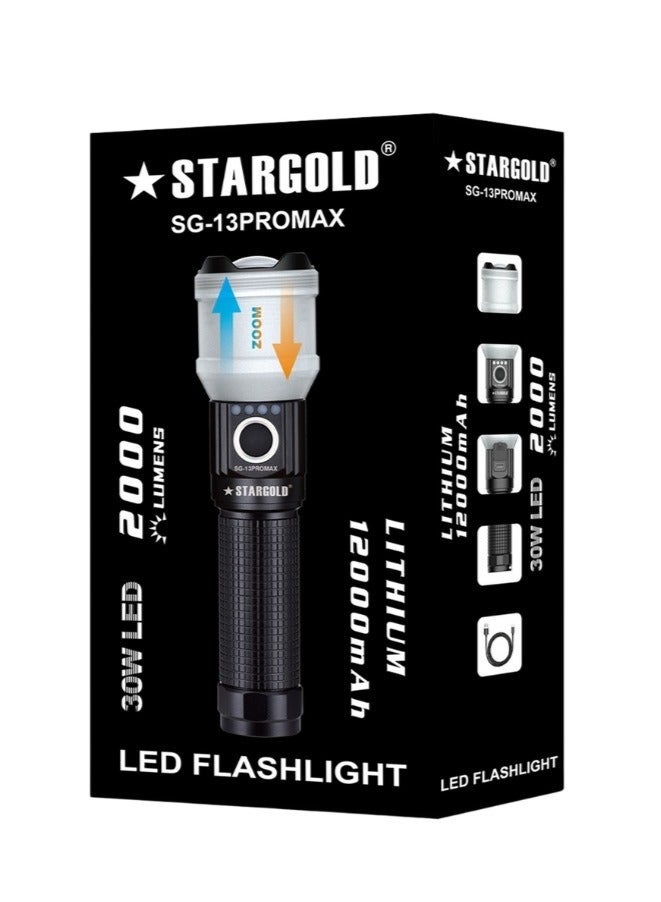 STARGOLD SG-13PROMAX LED Flashlight | 2000 Lumens | 12000mAh Lithium Battery | Zoom Function - Image 3