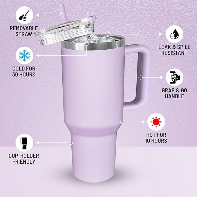 KELVEE Tumbler with lid and Straw 1200ml Cup Holder Car Gym Yoga Travel Stainless Steel Vacuum Insulated Flask Mug Quencher for Water Iced Tea Coffee or Protein Shake Purple - Image 4