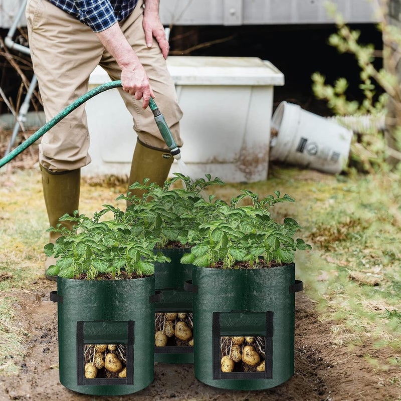 Azonee 5 Pack 10 Gallon Potato Grow Bags With Flap Windows and Handles for Garden Planting - Vegetable Bags for Onion, Tomato, Carrot (Green) - Image 3