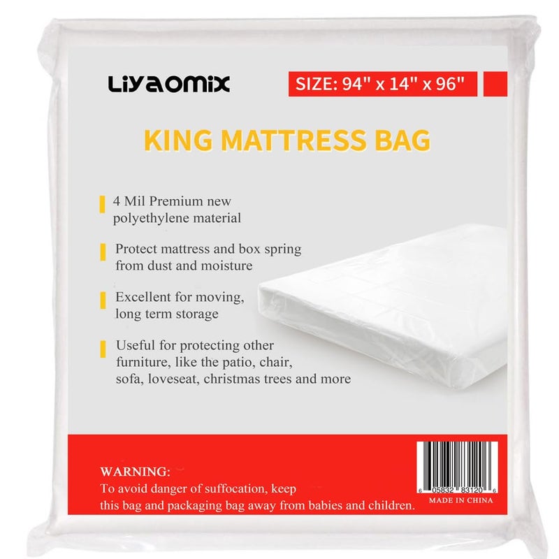 Liyaomix Mattress Bag for Moving KingCalifornia King Mattress Storage Bag 4 Mil 94 x 96 Inch Heavy Duty Plastic Mattress Cover