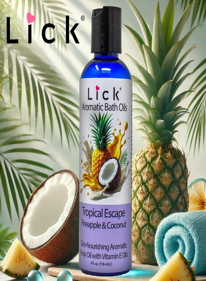 LICK زيت استحمام عطري هروب استوائي - أناناس وجوز الهند. زيت لوز حلو طبيعي، فيتامين E وزيوت جوجوبا لتجربة فاخرة للنساء. 12 رائحة ساحرة، صنع في الولايات المتحدة 4 أونصات سائلة. - Image 2