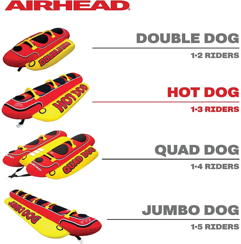 Airhead Hot Dog Towable, 1-3 Rider Tube for boating and Water Sports, Neoprene Seat Pads, Double-Stitched Full Nylon Cover, and Boston Valve for Convenient Inflating and Deflating - Image 3