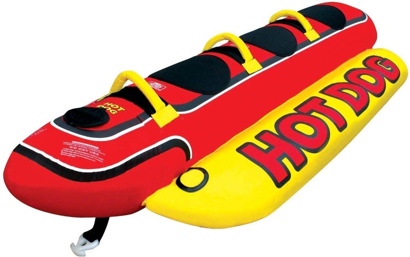 Airhead Hot Dog Towable, 1-3 Rider Tube for boating and Water Sports, Neoprene Seat Pads, Double-Stitched Full Nylon Cover, and Boston Valve for Convenient Inflating and Deflating - Image 1