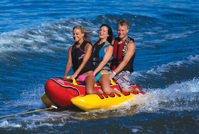 Airhead Hot Dog Towable, 1-3 Rider Tube for boating and Water Sports, Neoprene Seat Pads, Double-Stitched Full Nylon Cover, and Boston Valve for Convenient Inflating and Deflating - Image 5
