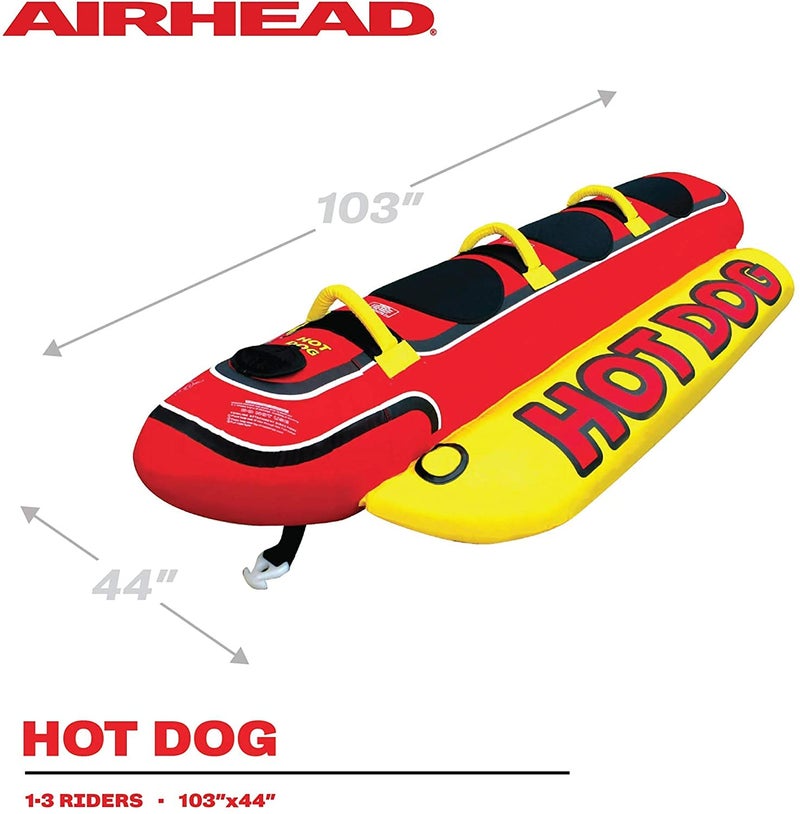 Airhead Hot Dog Towable, 1-3 Rider Tube for boating and Water Sports, Neoprene Seat Pads, Double-Stitched Full Nylon Cover, and Boston Valve for Convenient Inflating and Deflating - Image 2