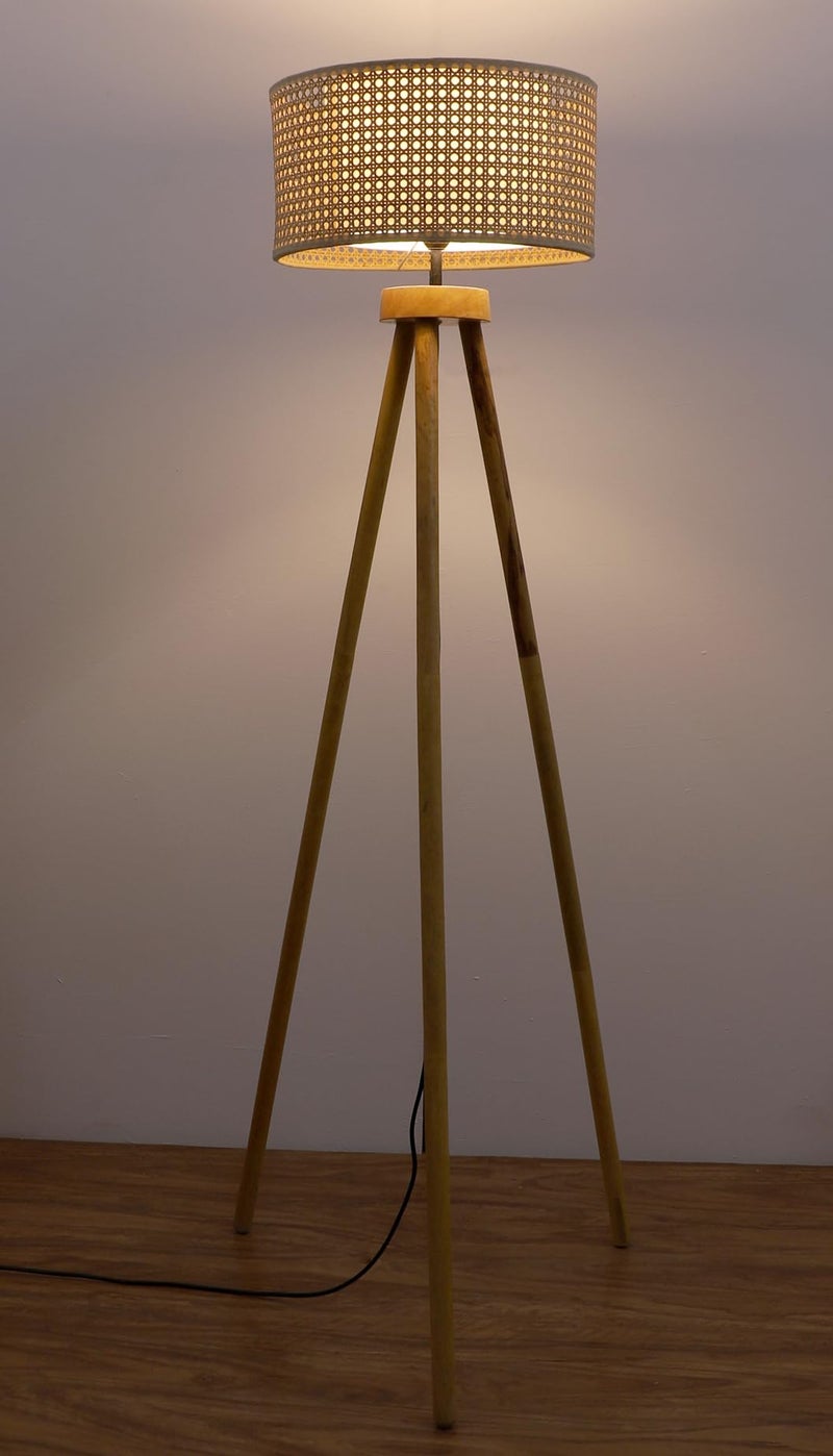 AKWAY Bamboo Tripod Floor Lamp for Living Room | Cane Floor Lamp for Home | Rattan for Living Room | Standing Lamp Wooden Floor Standing lamp for Bedroom (14" D X 8" H) - Astara - Image 5