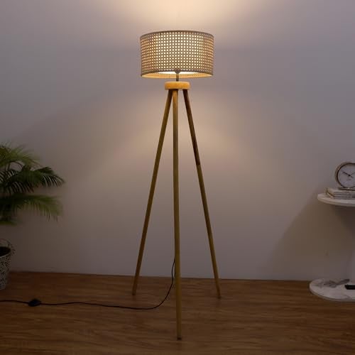 AKWAY Bamboo Tripod Floor Lamp for Living Room | Cane Floor Lamp for Home | Rattan for Living Room | Standing Lamp Wooden Floor Standing lamp for Bedroom (14" D X 8" H) - Astara - Image 1