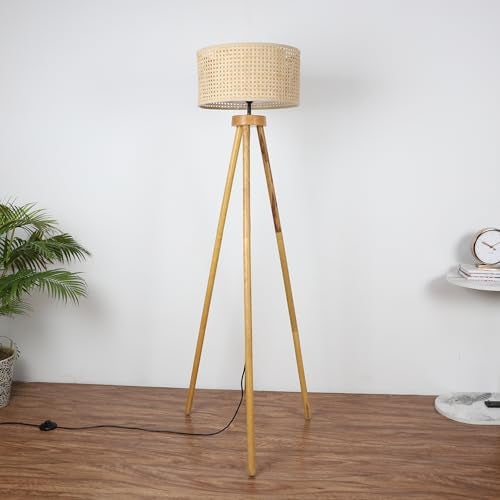 AKWAY Bamboo Tripod Floor Lamp for Living Room | Cane Floor Lamp for Home | Rattan for Living Room | Standing Lamp Wooden Floor Standing lamp for Bedroom (14" D X 8" H) - Astara - Image 2