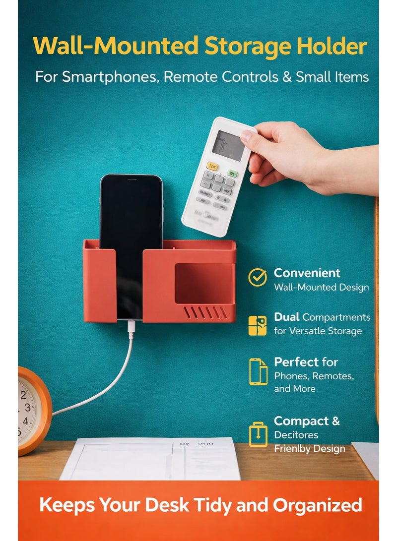 Wall Phone Holder Wall Mount with Charging, Wall Mounted Mobile Holder + TV Remote Control Holder Wall Mount, Wall Hanging Organizer with Dual Compartments, Space Saving Wall Mounted Organizer for Phone, Remote & Small Items - Image 1