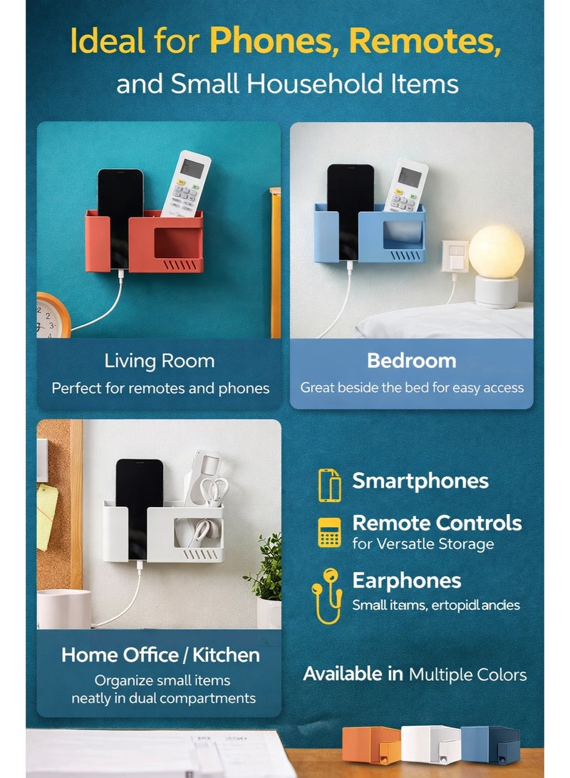 Wall Phone Holder Wall Mount with Charging, Wall Mounted Mobile Holder + TV Remote Control Holder Wall Mount, Wall Hanging Organizer with Dual Compartments, Space Saving Wall Mounted Organizer for Phone, Remote & Small Items - Image 2