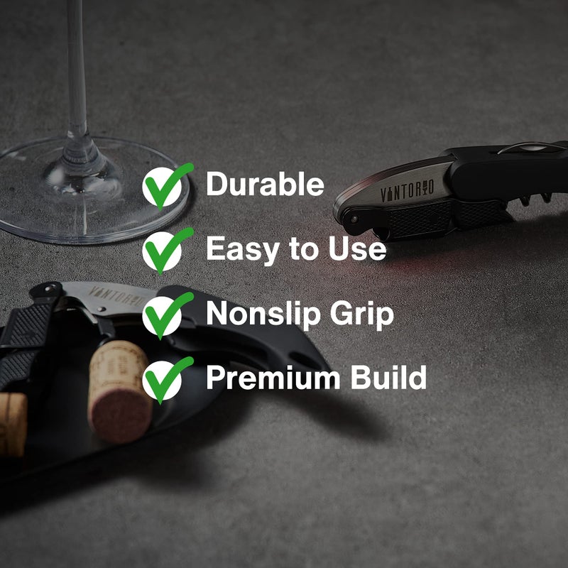 Vintorio Professional Waiters Corkscrew - Wine Key with Ergonomic Rubber Grip, Beer Bottle Opener and Foil Cutter (1 Pack) - Image 2