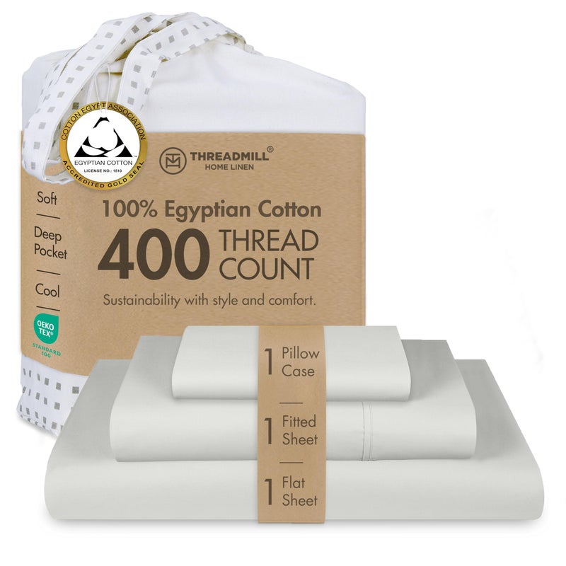 Threadmill Egyptian Cotton Twin Sheet Set | 100% Certified Egyptian Cotton Sheets for Twin Size Bed | Sateen Twin Bed Sheets Set Deep Pocket | Soft Breathable 3-Piece Cooling Sheet Set | Light Grey - Image 1