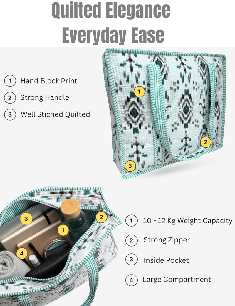 Third Eye Export 100% Cotton Quilted Tote Bag 18x16â€“ Large Zipper Beach Bag & Travel Bag White Purse Reusable Grocery Bags (Snow white Atlantic Gull Floral Print) - Image 4