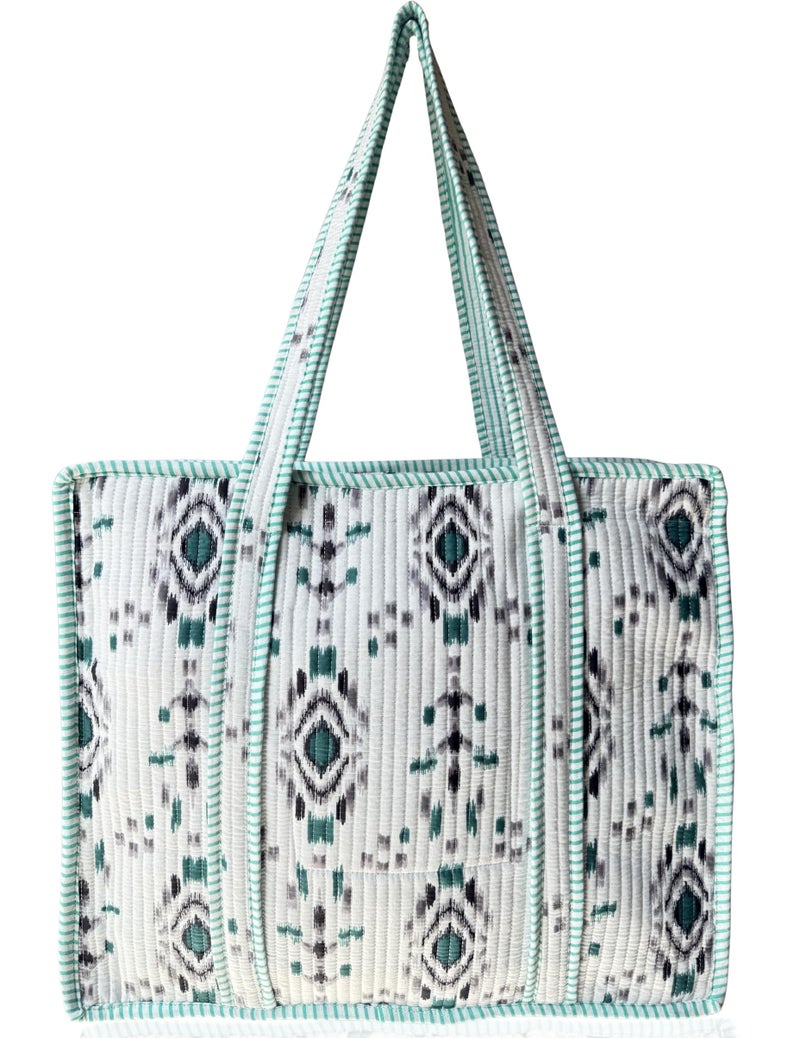 Third Eye Export 100% Cotton Quilted Tote Bag 18x16â€“ Large Zipper Beach Bag & Travel Bag White Purse Reusable Grocery Bags (Snow white Atlantic Gull Floral Print) - Image 1