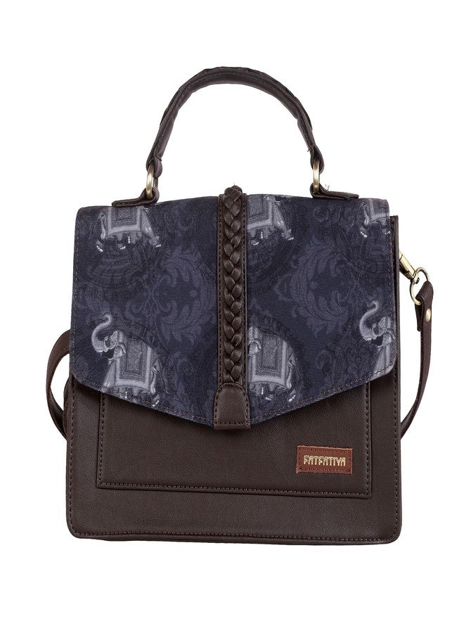 Fatfatiya Elephant Print Satchel Bag for Women | Blue Vegan Leather Structured Handbag with Detachable Sling Strap | Office College Crossbody - Image 1