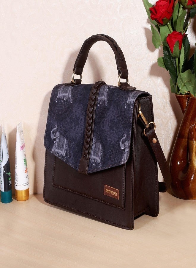 Fatfatiya Elephant Print Satchel Bag for Women | Blue Vegan Leather Structured Handbag with Detachable Sling Strap | Office College Crossbody - Image 3