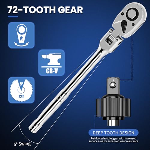 DikTalk 10-Piece Flex Head Ratchet Set, 1/4 3/8 1/2 Inch Drive, Swivel Head Ratchet Wrench with Extension Bars & 4 Adapters, 72-Tooth Quick-Release, EVA Storage Case for Auto & DIY Repairs - Image 4