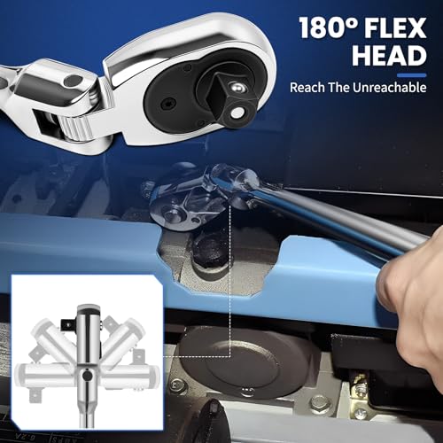 DikTalk 10-Piece Flex Head Ratchet Set, 1/4 3/8 1/2 Inch Drive, Swivel Head Ratchet Wrench with Extension Bars & 4 Adapters, 72-Tooth Quick-Release, EVA Storage Case for Auto & DIY Repairs - Image 3