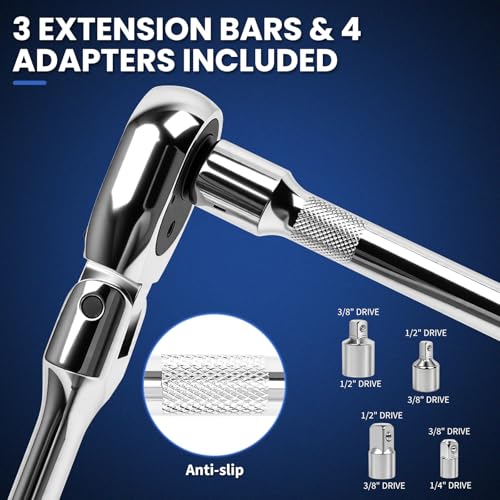 DikTalk 10-Piece Flex Head Ratchet Set, 1/4 3/8 1/2 Inch Drive, Swivel Head Ratchet Wrench with Extension Bars & 4 Adapters, 72-Tooth Quick-Release, EVA Storage Case for Auto & DIY Repairs - Image 5