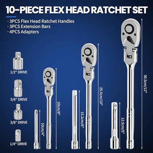 DikTalk 10-Piece Flex Head Ratchet Set, 1/4 3/8 1/2 Inch Drive, Swivel Head Ratchet Wrench with Extension Bars & 4 Adapters, 72-Tooth Quick-Release, EVA Storage Case for Auto & DIY Repairs - Image 2
