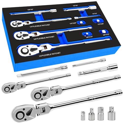 DikTalk 10-Piece Flex Head Ratchet Set, 1/4 3/8 1/2 Inch Drive, Swivel Head Ratchet Wrench with Extension Bars & 4 Adapters, 72-Tooth Quick-Release, EVA Storage Case for Auto & DIY Repairs - Image 1