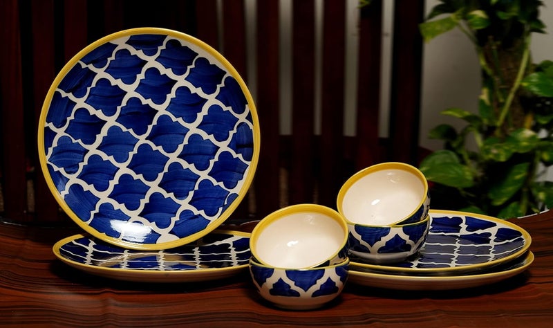 Yourowndcor Moroccan Handpainted Permium Ceramic Plates for Dinner Ceramic Dinner Plates with Katoris 8 Pieces Serving for 4 Dishwasher Microwave Safe - Image 1