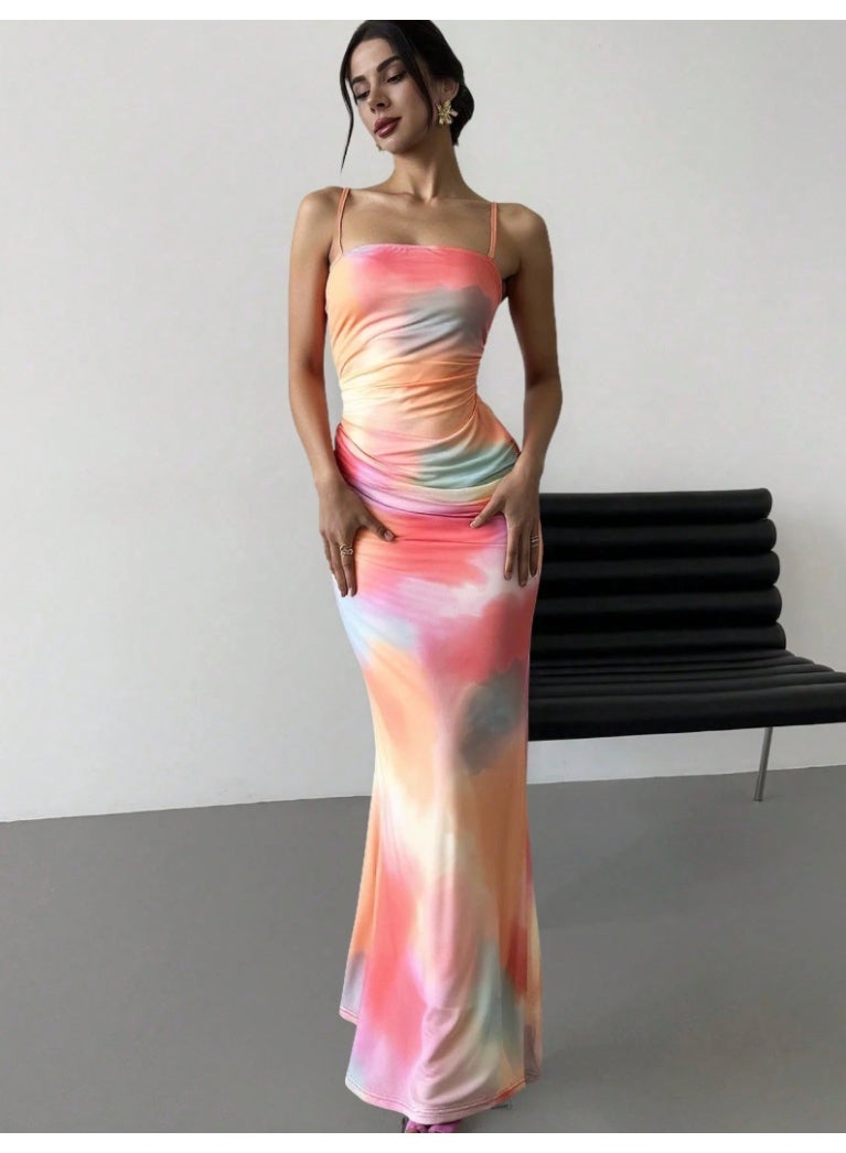 SHEINNew Elegant Romantic Tie Dye Mesh Print Slip Dress With Waist Cinching And Asymmetri - Image 2