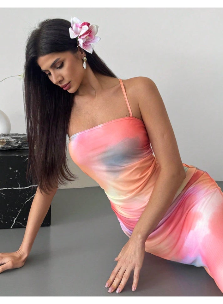 SHEINNew Elegant Romantic Tie Dye Mesh Print Slip Dress With Waist Cinching And Asymmetri - Image 4