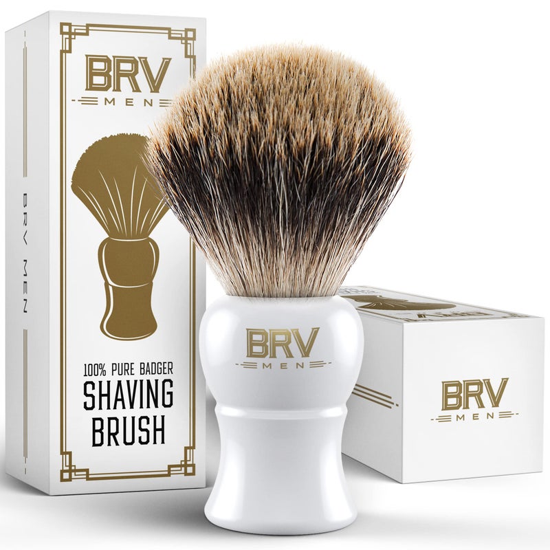 فرشاة حلاقة BRV MEN من شعر ثعلب المنك النقي كبيرة 24 مم مقبض من الراتنج الثقيل للاستخدام مع ماكينة الحلاقة ذات الشفرة المزدوجة والشفرة المستقيمة ووعاء الحلاقة أبيض