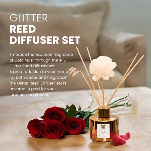 IRIS Glass Glitter Reed Diffuser Set | 100ml Gold Musk Fragrance Oil with 6 Reed Sticks | Elegant Home Aroma Diffuser for Living Room, Bedroom & Gifting | Sparkling Glass Design - Image 5