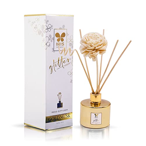 IRIS Glass Glitter Reed Diffuser Set | 100ml Gold Musk Fragrance Oil with 6 Reed Sticks | Elegant Home Aroma Diffuser for Living Room, Bedroom & Gifting | Sparkling Glass Design - Image 1