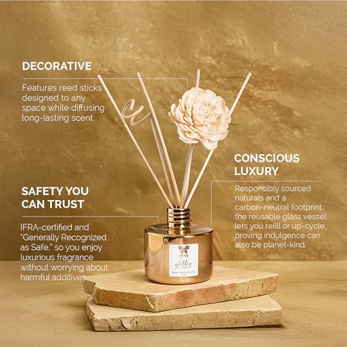 IRIS Glass Glitter Reed Diffuser Set | 100ml Gold Musk Fragrance Oil with 6 Reed Sticks | Elegant Home Aroma Diffuser for Living Room, Bedroom & Gifting | Sparkling Glass Design - Image 3