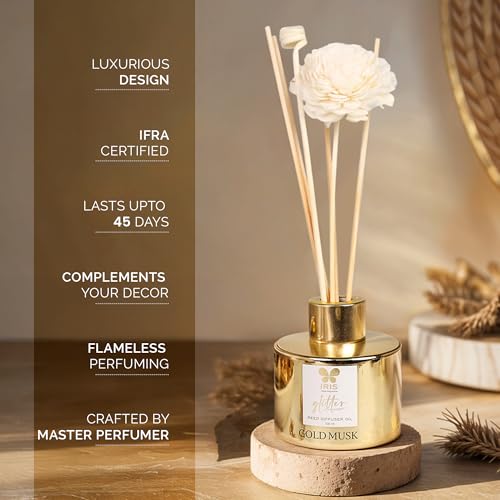 IRIS Glass Glitter Reed Diffuser Set | 100ml Gold Musk Fragrance Oil with 6 Reed Sticks | Elegant Home Aroma Diffuser for Living Room, Bedroom & Gifting | Sparkling Glass Design - Image 2