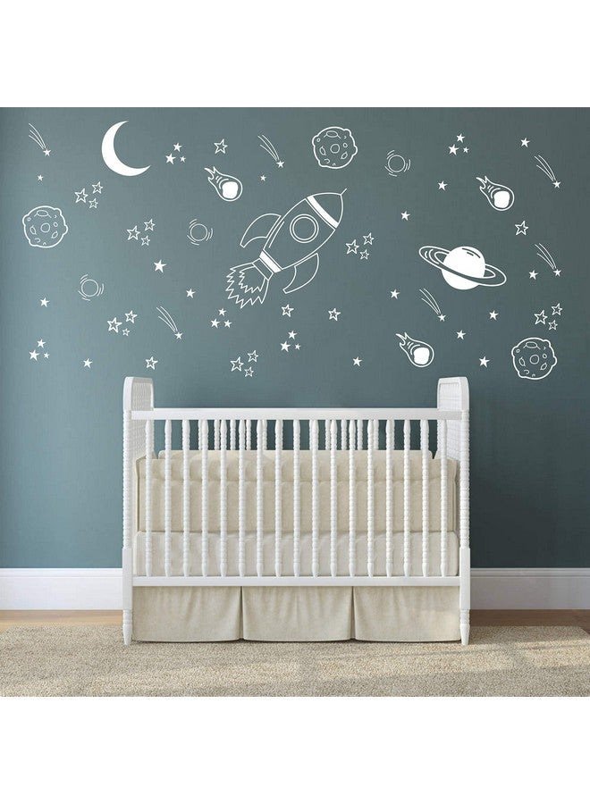 Dycica Space Wall Decal for Nursery, Outer Space Decor, Rocket Ship, Boy Room Decor, Planets for Baby Boys Nursery A37 (White) - Image 1