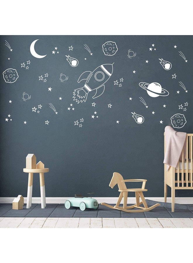 Dycica Space Wall Decal for Nursery, Outer Space Decor, Rocket Ship, Boy Room Decor, Planets for Baby Boys Nursery A37 (White) - Image 2