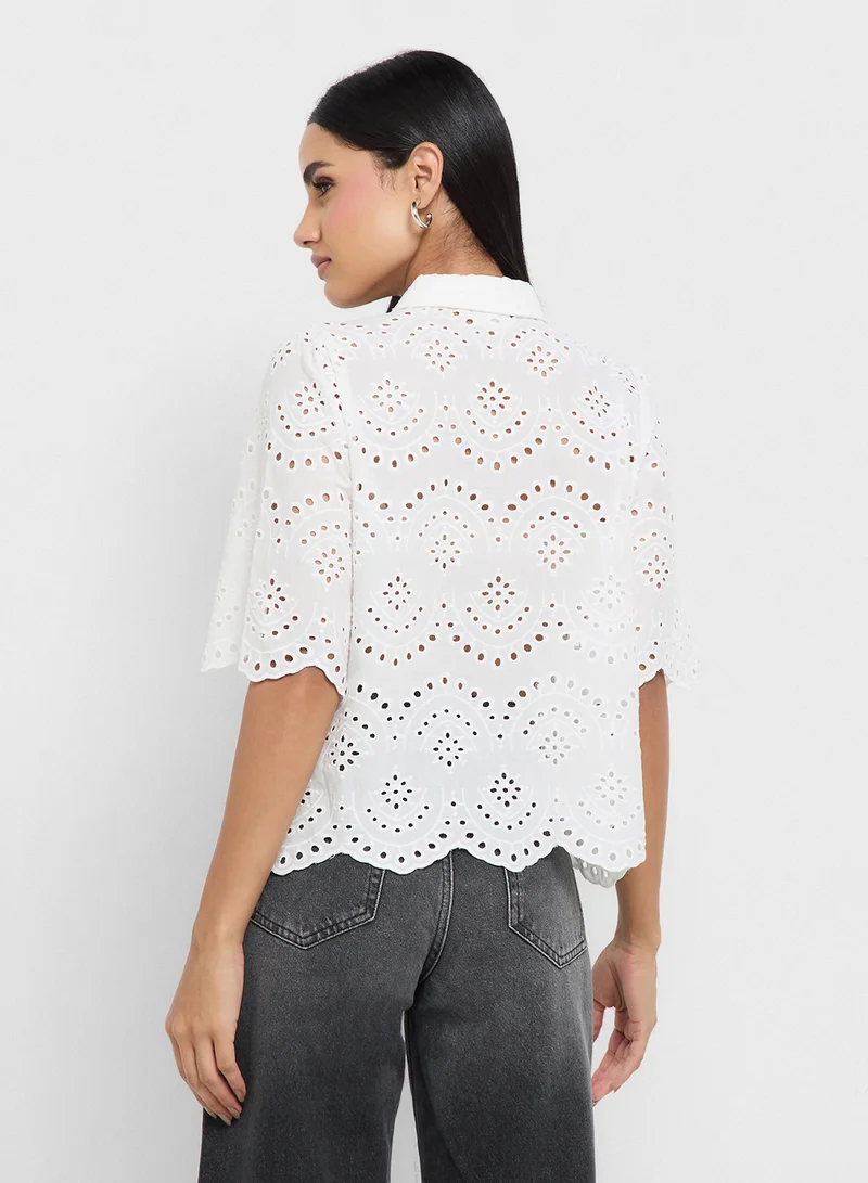 ONLY Scallop Hem Eyelet Detail Top