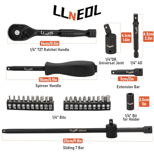 LLNEDL 1/4 Inch Drive Impact Socket Set, 83Pcs Socket Wrench Set Metric & SAE from 4-15mm, 5/32-9/16", 6 Point CR-V Deep & Shallow Sockets Kit with 72T Ratchet Handle, E Torx, for Automotive & Home - Image 3