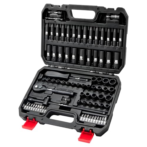 LLNEDL 1/4 Inch Drive Impact Socket Set, 83Pcs Socket Wrench Set Metric & SAE from 4-15mm, 5/32-9/16", 6 Point CR-V Deep & Shallow Sockets Kit with 72T Ratchet Handle, E Torx, for Automotive & Home - Image 1